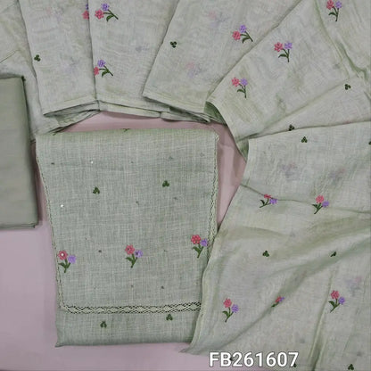 Pastel green semi linen unstitched salwar material (lining needed) embroidery, sequins work on front, matching spun cotton bottom, embroidery work on soft fancy silk cotton dupatta. FB261607