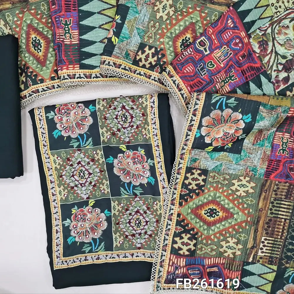 Black liquid fabric unstitched salwar material, colorful yoke patch with faux mirror, zari and french knot work (Lining optional) matching liquid fabric bottom, sequins work on abstract printed soft silk cotton dupatta. FB261619