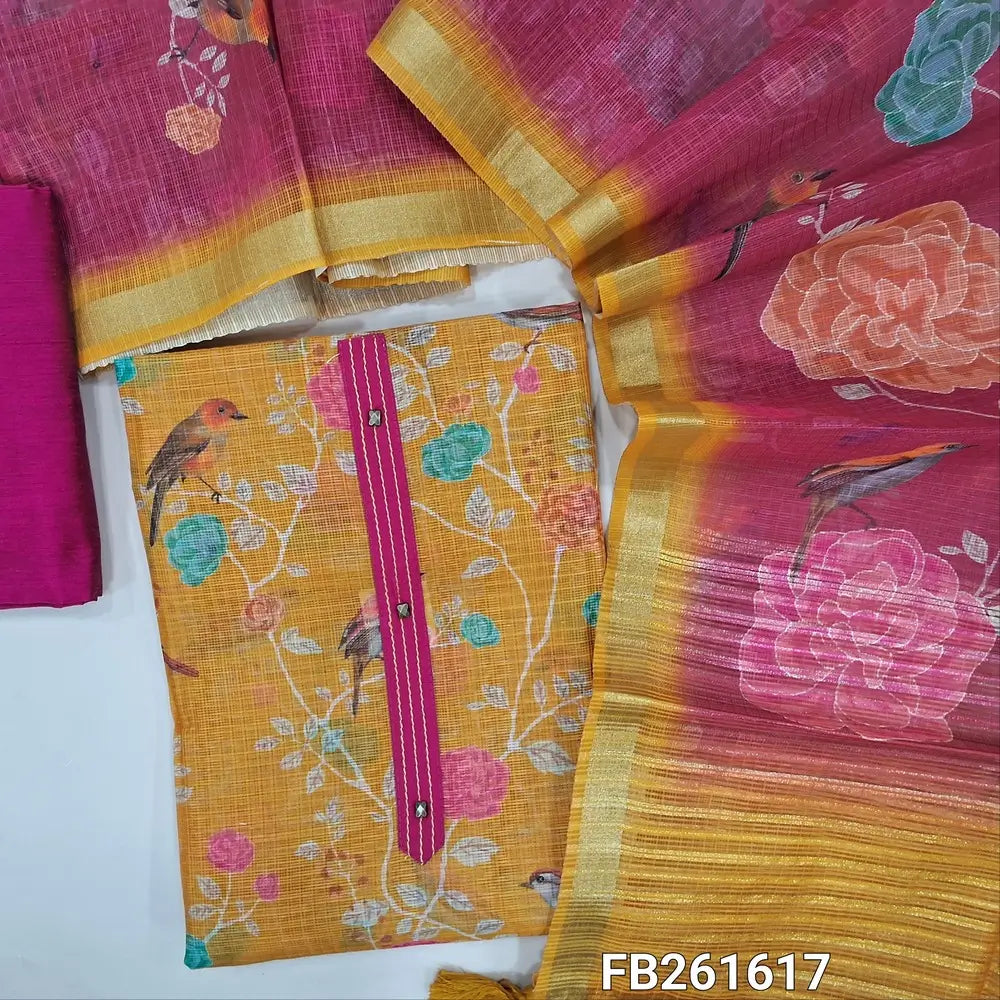 Mehandhi yellow digital printed kota silk cotton unstitched salwar material (lining needed) simple yoke, bright pink silk cotton bottom, printed fancy silk cotton dupatta with zari lines. FB261617