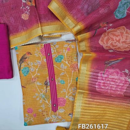 Mehandhi yellow digital printed kota silk cotton unstitched salwar material (lining needed) simple yoke, bright pink silk cotton bottom, printed fancy silk cotton dupatta with zari lines. FB261617