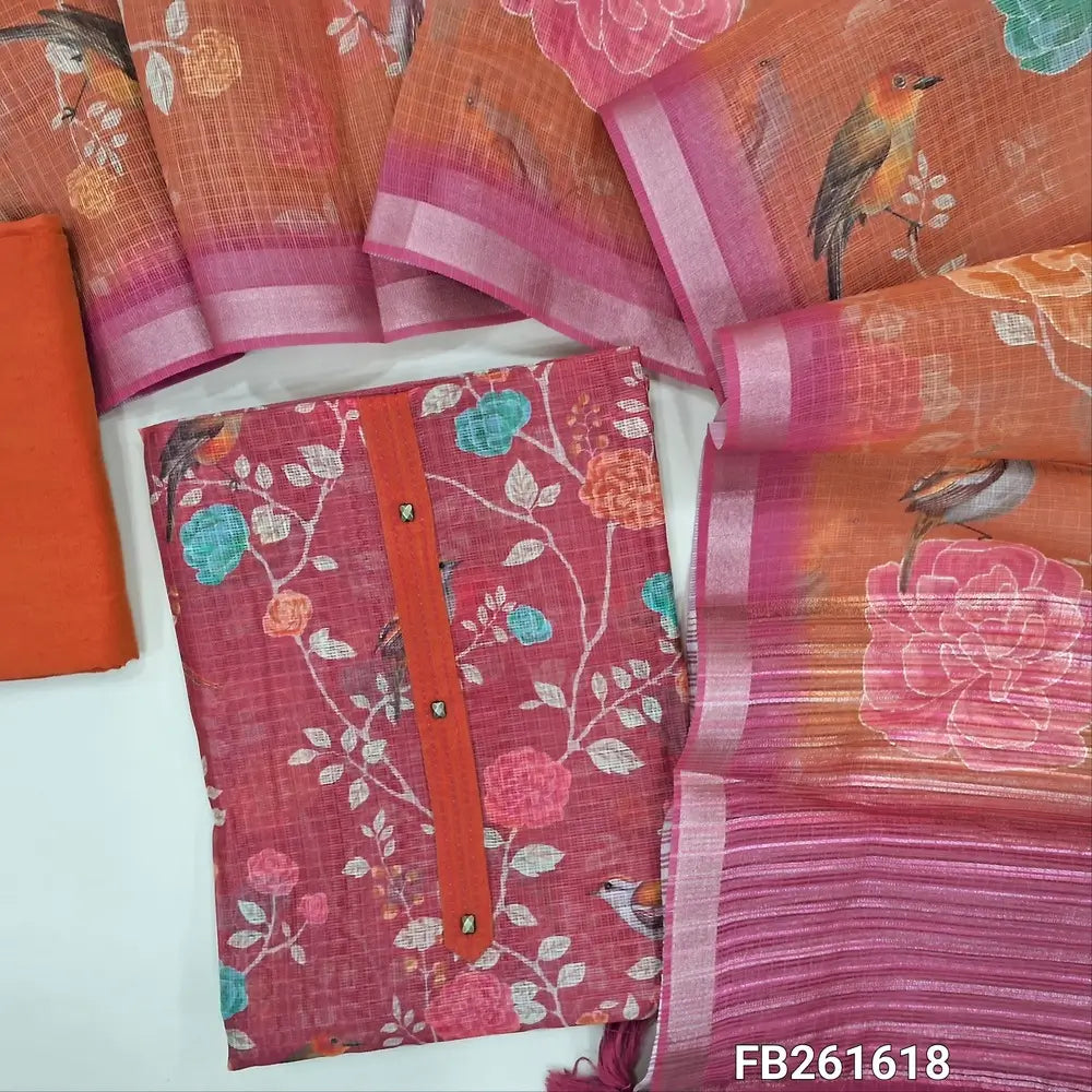 Dark pink digital printed kota silk cotton unstitched salwar material (lining needed) simple yoke, orange silk cotton bottom, printed fancy silk cotton dupatta with zari lines. FB261618