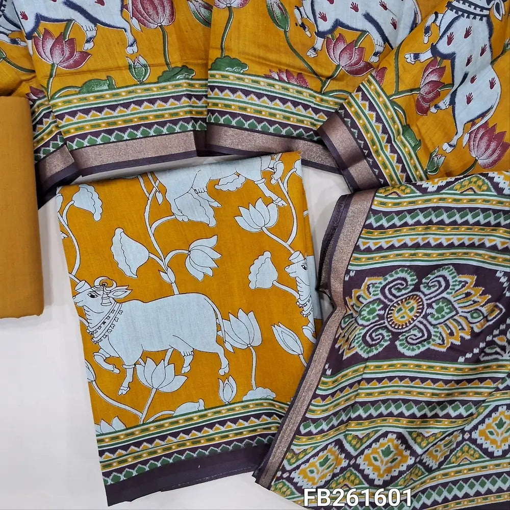 Mehandhi yellow pichwai printed fancy silk cotton unstitched salwar material, printed all over (Soft, Lining Needed) drum dyed fabric for lining, NO BOTTOM, printed full length premium silk cotton dupatta with contrast pallu. (REQUIRES TAPINGS)FB261601