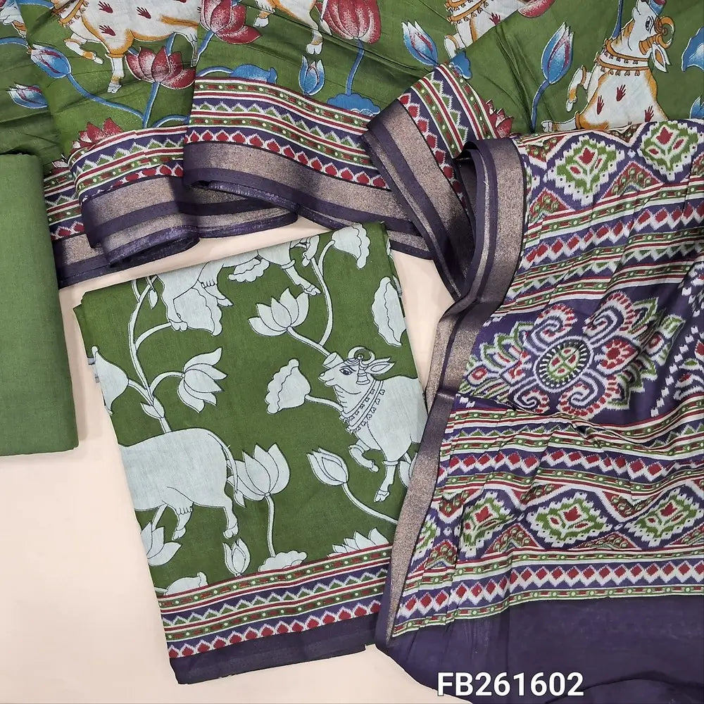 Leafy green pichwai printed soft fancy silk cotton unstitched salwar material, printed all over (Soft, Lining Needed) drum dyed fabric for lining, NO BOTTOM, printed full length premium silk cotton dupatta with contrast pallu.(REQUIRES TAPINGS) FB261602