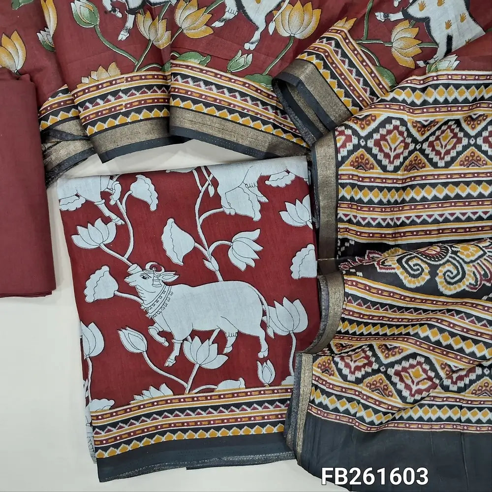 Dark maroon pichwai printed soft fancy silk cotton unstitched salwar material, printed all over (Soft, Lining Needed) drum dyed fabric for lining, NO BOTTOM, printed full length premium silk cotton dupatta with contrast pallu. (REQUIRES TAPINGS)FB261603