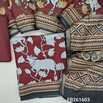 Dark maroon pichwai printed soft fancy silk cotton unstitched salwar material, printed all over (Soft, Lining Needed) drum dyed fabric for lining, NO BOTTOM, printed full length premium silk cotton dupatta with contrast pallu. (REQUIRES TAPINGS)FB261603