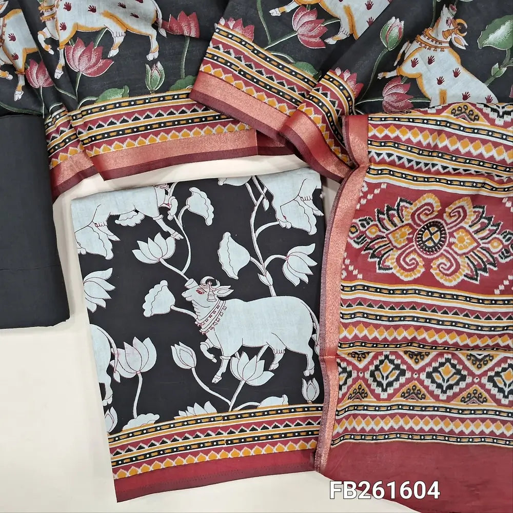 Browinsh black pichwai printed soft fancy silk cotton unstitched salwar material, printed all over (Lining Needed) drum dyed fabric for lining, NO BOTTOM, printed full length premium silk cotton dupatta with contrast pallu. (REQUIRES TAPINGS)FB261604