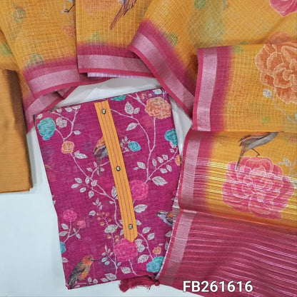 Rani pink digital printed kota silk cotton unstitched salwar material (lining needed) simple yoke, mehandhi yellow silk cotton bottom, printed fancy silk cotton dupatta with zari lines. FB261616