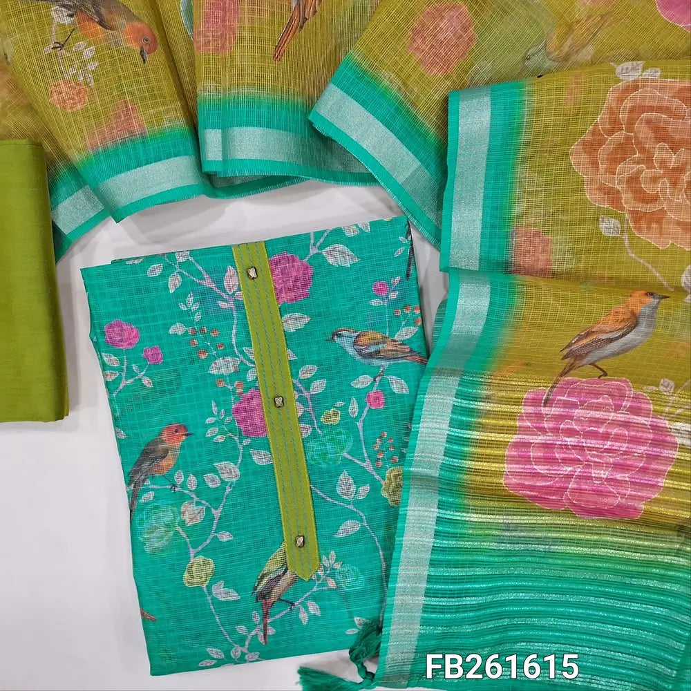 Bright turquoise blue digital printed kota silk cotton unstitched salwar material (lining needed) simple yoke, light green silk cotton bottom, printed fancy silk cotton dupatta with zari lines. FB261615