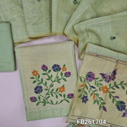 Pastel green jamdani woven premium silk cotton unstitched salwar material(lining needed)colorful weaving on yoke, floral buttas allover, matching silky bottom, jamdani woven silk cotton full length dupatta with rich pallu and tassels. FB261704