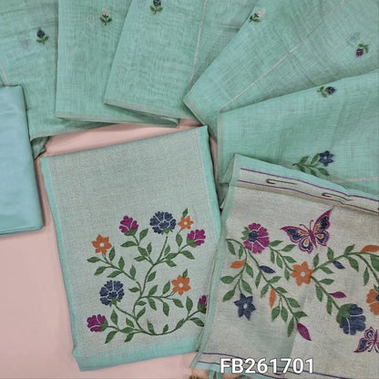 Pastel blue jamdani woven premium silk cotton unstitched salwar material(lining needed)colorful weaving on yoke, floral buttas allover, matching silky bottom, jamdani woven silk cotton full length dupatta with rich pallu and tassels. FB261701