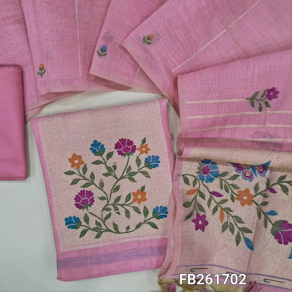 Pastel pink jamdani woven premium silk cotton unstitched salwar material(lining needed)colorful weaving on yoke, floral buttas allover, matching silky bottom, jamdani woven silk cotton full length dupatta with rich pallu and tassels. FB261702