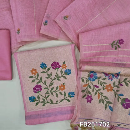 Pastel pink jamdani woven premium silk cotton unstitched salwar material(lining needed)colorful weaving on yoke, floral buttas allover, matching silky bottom, jamdani woven silk cotton full length dupatta with rich pallu and tassels. FB261702