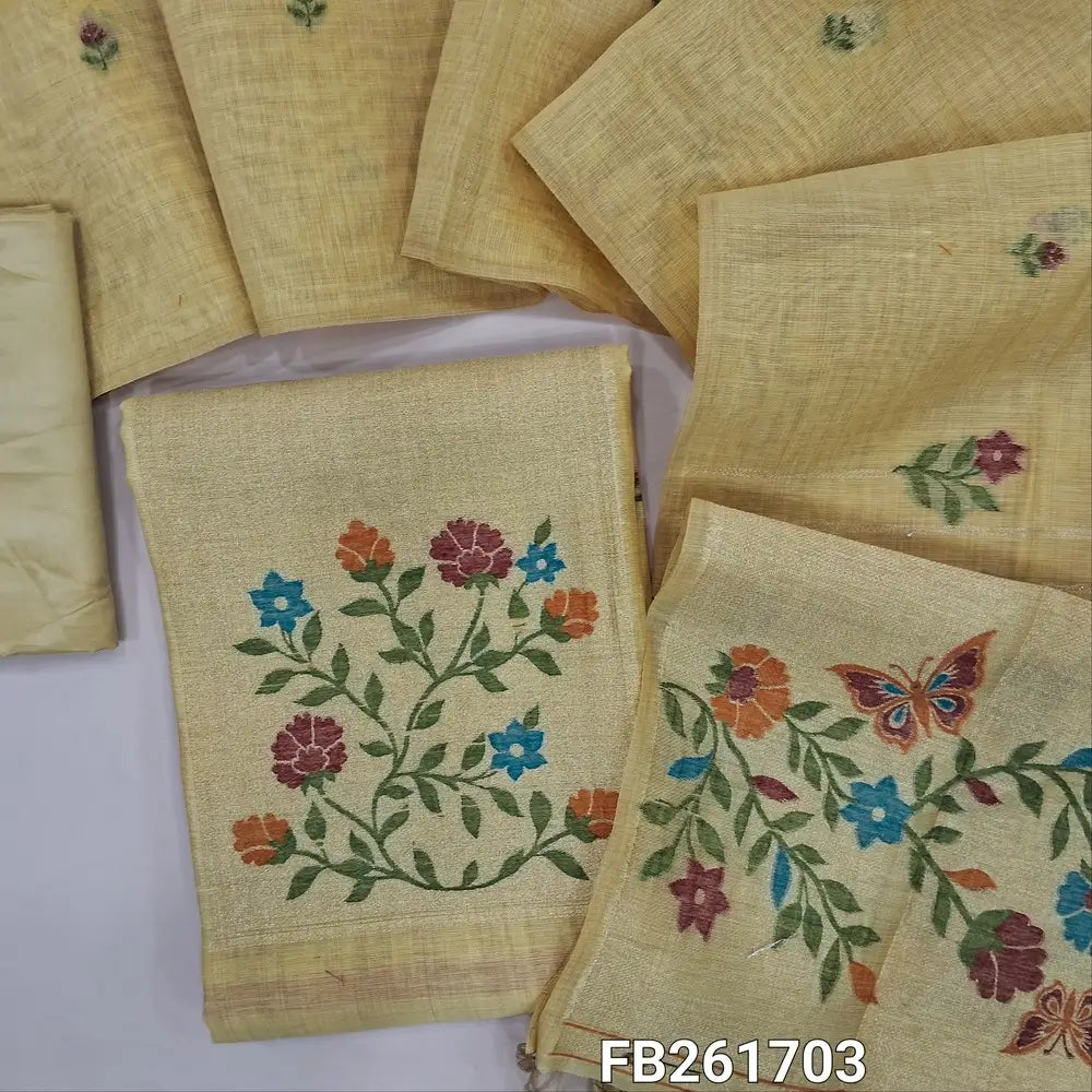 Pastel yellow jamdani woven premium silk cotton unstitched salwar material(lining needed)colorful weaving on yoke, floral buttas allover, matching silky bottom, jamdani woven silk cotton full length dupatta with rich pallu and tassels. FB261703