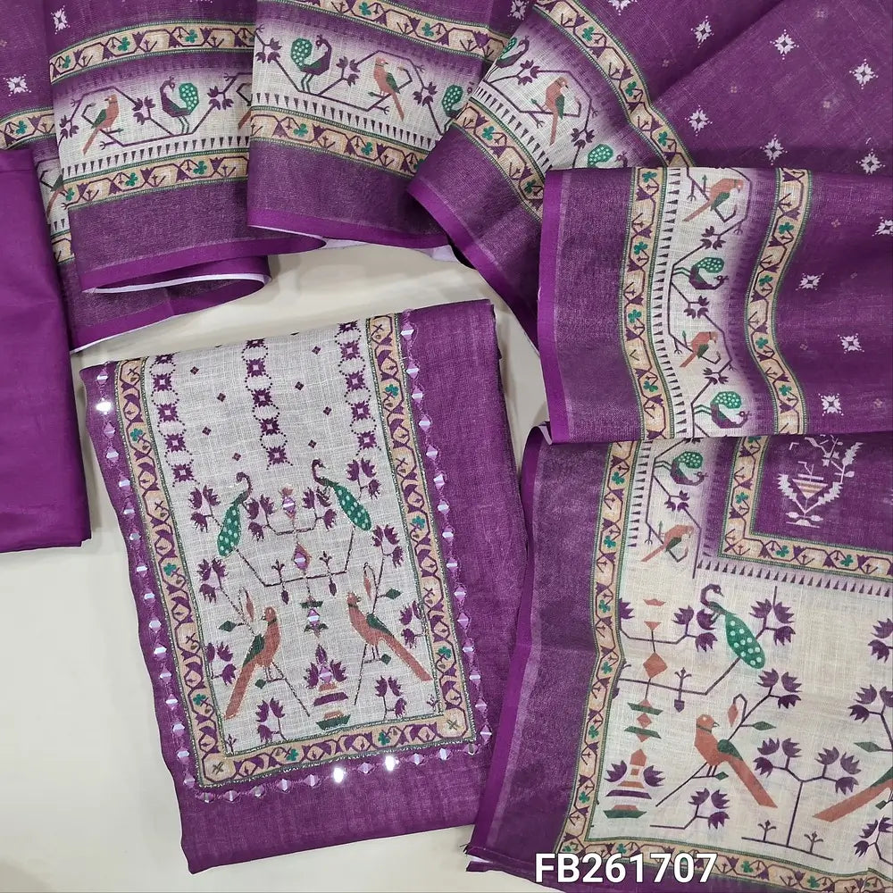 Dark purple with golden tint  tissue silk cotton unstitched salwar material(lining needed) printed yoke with real mirror work, matching silky bottom, printed tissue silk cotton dupatta. FB261707