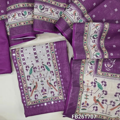 Dark purple with golden tint  tissue silk cotton unstitched salwar material(lining needed) printed yoke with real mirror work, matching silky bottom, printed tissue silk cotton dupatta. FB261707