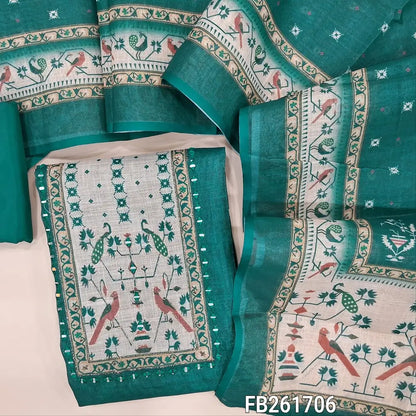 Dark Teal green with golden tint  tissue silk cotton unstitched salwar material(lining needed) printed yoke with real mirror work, matching silky bottom, printed tissue silk cotton dupatta. FB261706