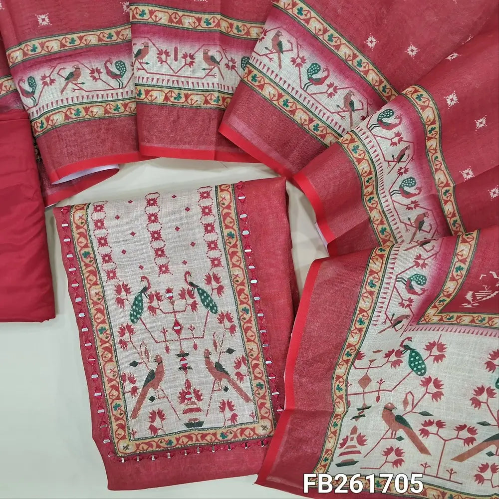 Reddish maroon with golden tint  tissue silk cotton unstitched salwar material(lining needed) printed yoke with real mirror work, matching silky bottom, printed tissue silk cotton dupatta. FB261705