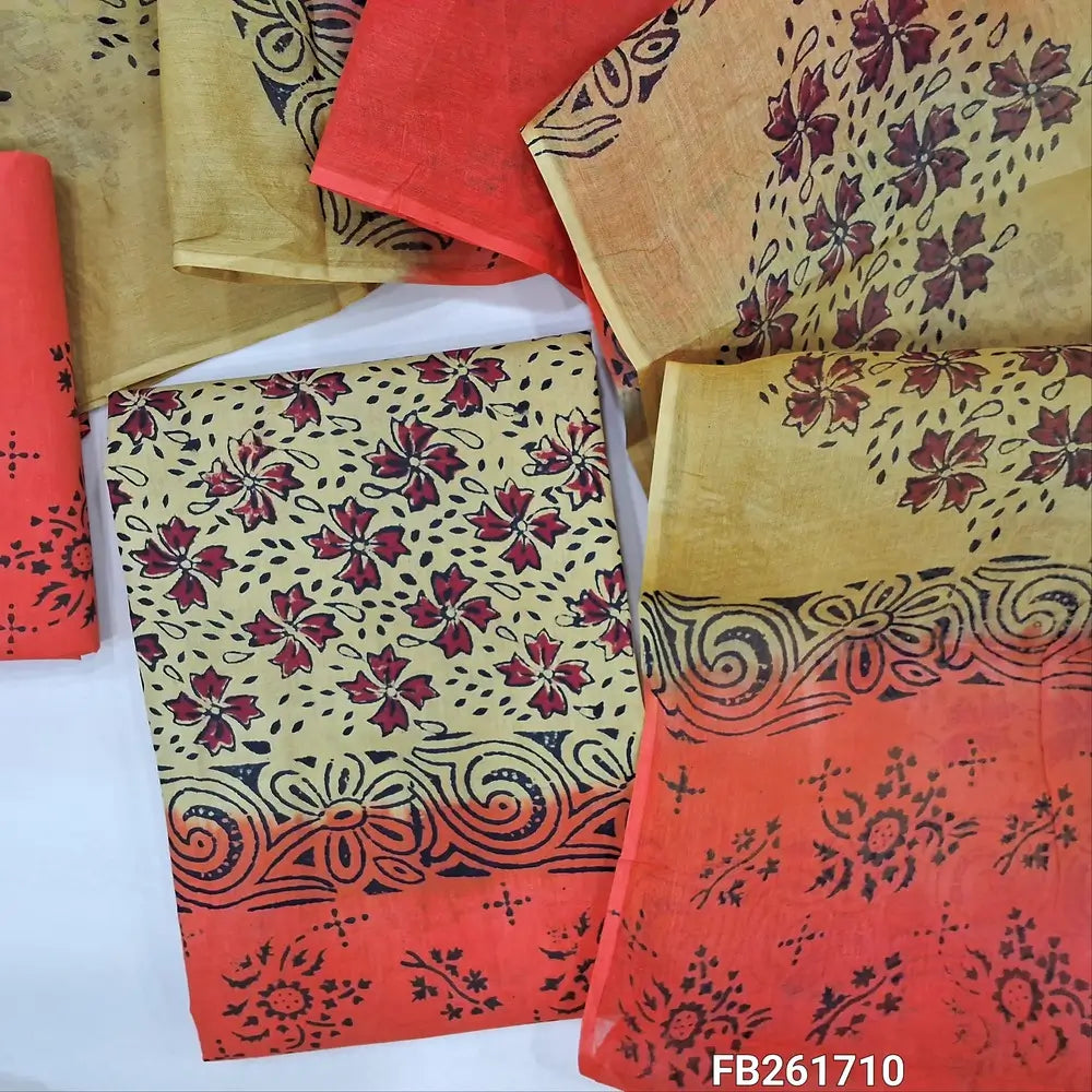 Beige & orange pure cotton unstitched salwar material (lining needed) hand block printed allover,printed cotton bottom,dual shade hand block printed pure cotton dupatta. FB261710(over lapping of prints not consider as a defect)