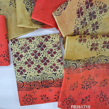 Beige & orange pure cotton unstitched salwar material (lining needed) hand block printed allover,printed cotton bottom,dual shade hand block printed pure cotton dupatta. FB261710(over lapping of prints not consider as a defect)