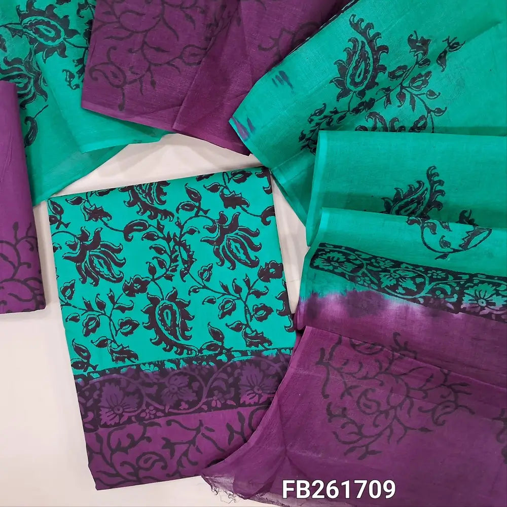 Purple & turquoise green pure cotton unstitched salwar material (lining needed) hand block printed allover,printed cotton bottom,dual shade hand block printed pure cotton dupatta. FB261709(over lapping of prints not consider as a defect)