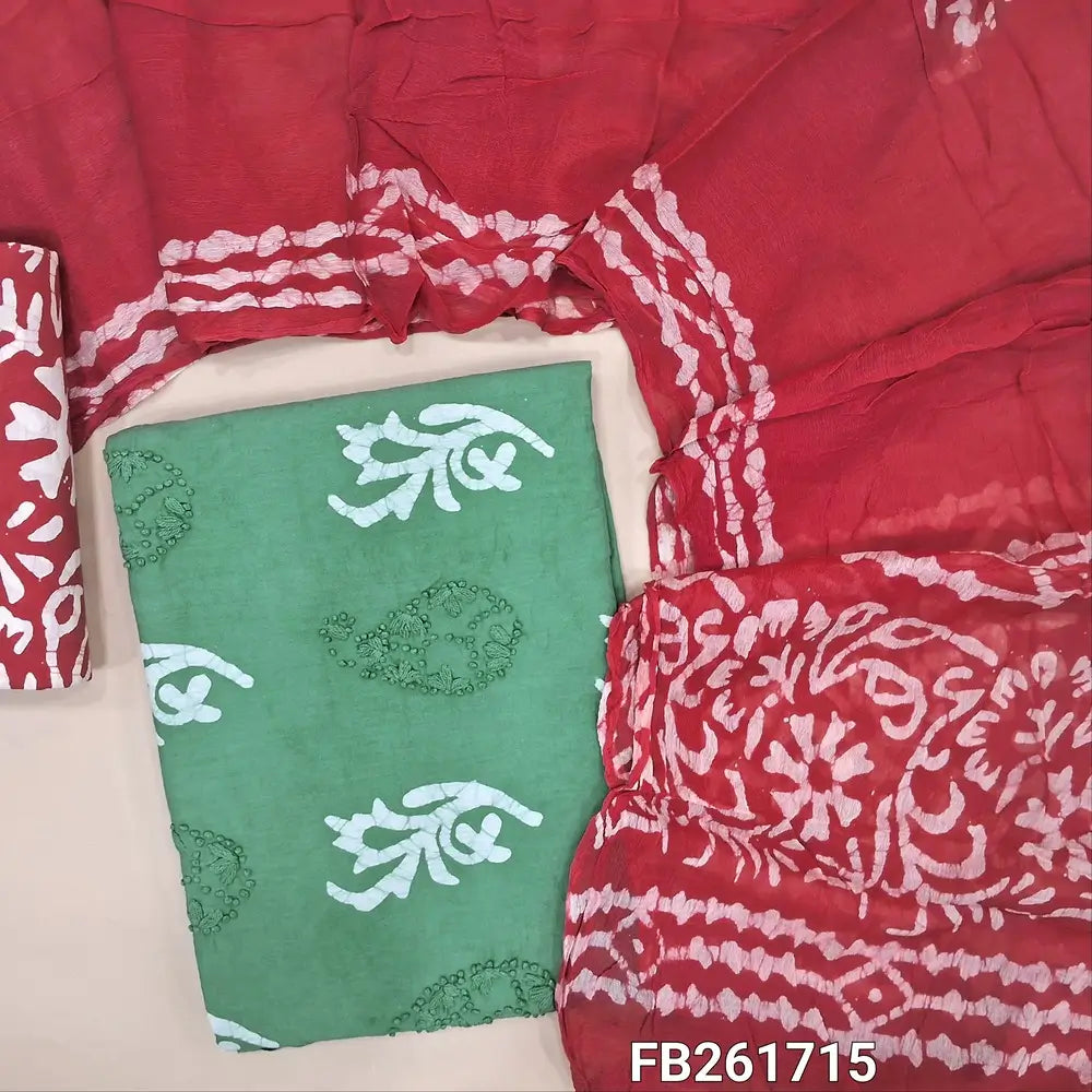 Light cement green pure soft cotton unstitched salwar material(lining needed) thread embroider and batik design on front, reddish maroon batik dyed cotton bottom, batik dyed short width premium chiffon dupatta(TAPING NEEDED). FB261715
