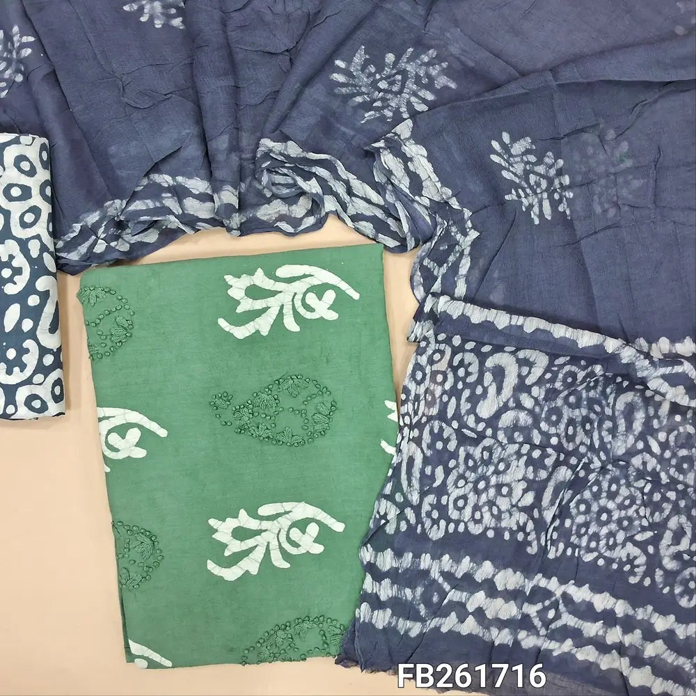 Light cement green pure soft cotton unstitched salwar material(lining needed) thread embroider and batik design on front, blueish grey batik dyed cotton bottom, batik dyed short width premium chiffon dupatta(TAPING NEEDED). FB261716