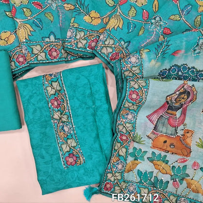 Pastel blue digital printed silk cotton unstitched salwar material,(light weight,lining needed)printed yoke with hand work, matching spun cotton bottom, kantha stitch work on colorful digital printed silk cotton dupatta. FB261712