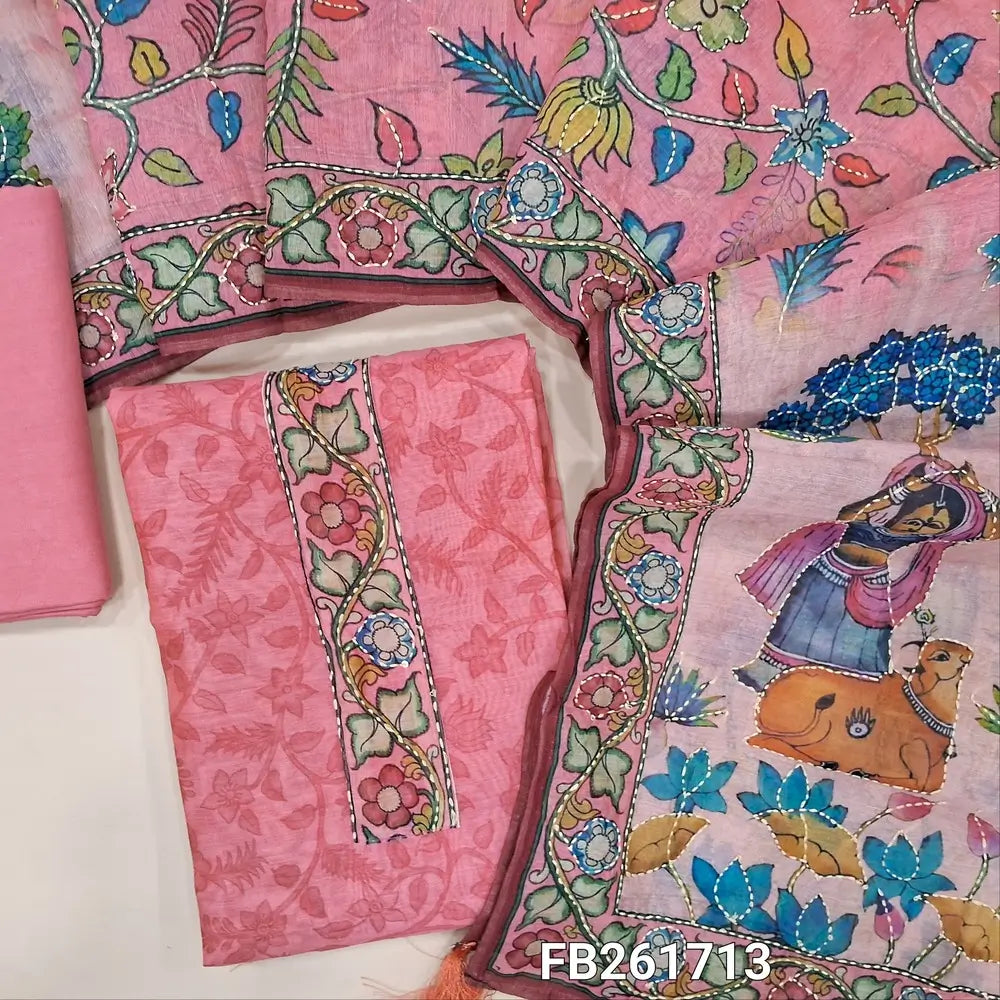 Pastel pink  digital printed silk cotton unstitched salwar material,(light weight,lining needed)printed yoke with hand work, matching spun cotton bottom, kantha stitch work on colorful digital printed silk cotton dupatta. FB261713