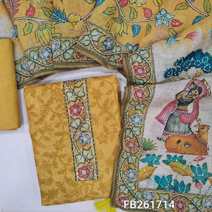 Mehandhi yellow digital printed silk cotton unstitched salwar material,(light weight,lining needed)printed yoke with hand work, matching spun cotton bottom, kantha stitch work on colorful digital printed silk cotton dupatta. FB261714