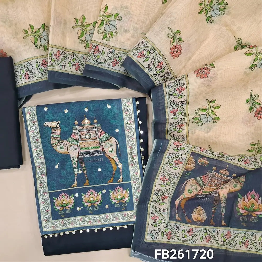 Dark blue satin cotton unstitched salwar material(lining needed) digital`print, faux mirror work on yoke, matching cotton bottom, digital printed fancy silk cotton dupatta. (TAPING NEEDED). FB261720