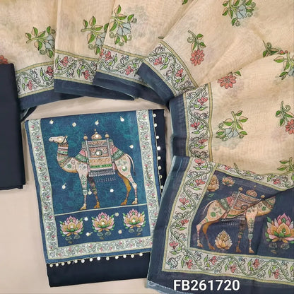 Dark blue satin cotton unstitched salwar material(lining needed) digital`print, faux mirror work on yoke, matching cotton bottom, digital printed fancy silk cotton dupatta. (TAPING NEEDED). FB261720