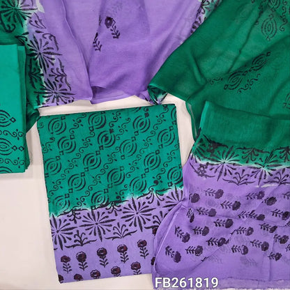 Turquoise green & purple pure jakard cotton unstitched salwar material,block printed and thread woven allover,printed cotton bottom, block printed dual shade chiffon dupatta.(over lapping of prints are not considered as a defect)TAPING NEEDED.FB261819
