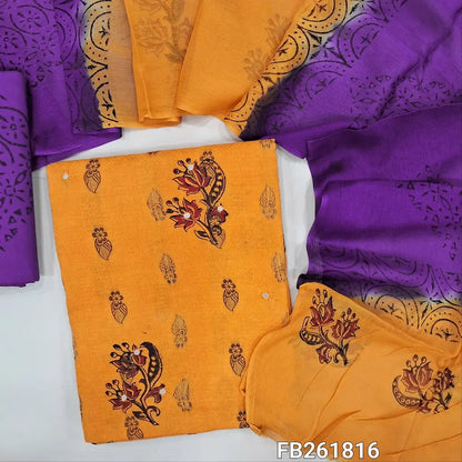 Orange pure jakard cotton unstitched salwar material,block printed and thread woven allover,violet printed cotton bottom, block printed dual shade chiffon dupatta.(over lapping of prints are not considered as a defect)TAPING NEEDED. FB261816