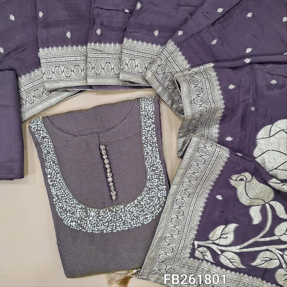 Designer dark mauve tissue silk unstitched salwar material, (shiny, Lining Needed) rich sequins, bead work and polti button on yoke,gold zari lines all over,  santoon bottom, weaving design on premium organza silk dupatta.(Can stitch upto L size) FB261801