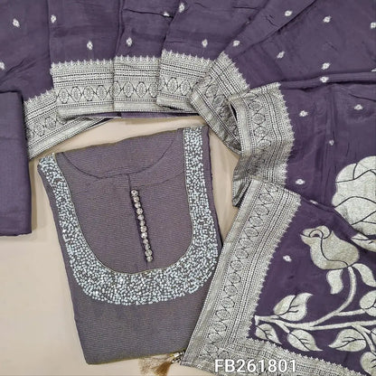 Designer dark mauve tissue silk unstitched salwar material, (shiny, Lining Needed) rich sequins, bead work and polti button on yoke,gold zari lines all over,  santoon bottom, weaving design on premium organza silk dupatta.(Can stitch upto L size) FB261801