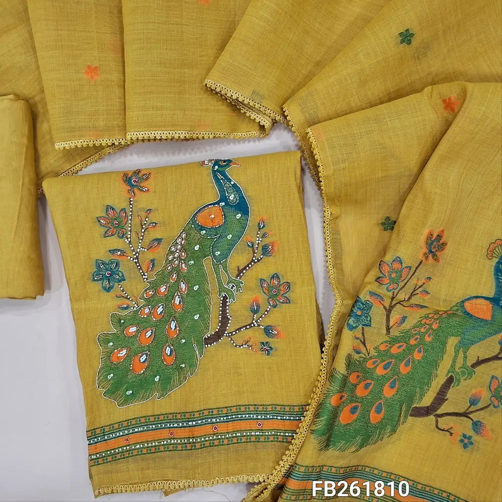 Mehandhi yellow premium silk cotton unstitched salwar material,(lining needed)weaving yoke with bead work, buttas all over,weaving design with zardozi and bead on daman, santoon bottom,thread weaving on premium silk cotton dupatta with tapping. FB261810