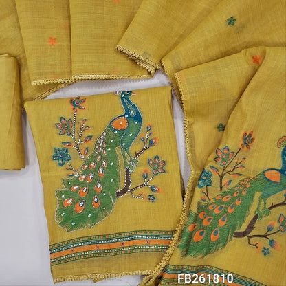 Mehandhi yellow premium silk cotton unstitched salwar material,(lining needed)weaving yoke with bead work, buttas all over,weaving design with zardozi and bead on daman, santoon bottom,thread weaving on premium silk cotton dupatta with tapping. FB261810