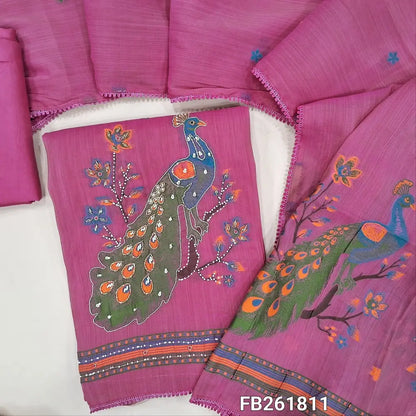 Pink premium silk cotton unstitched salwar material,(thin, lining needed)weaving yoke with bead detailing, buttas all over,weaving design with zardozi and bead on daman, santoon bottom,thread weaving on premium silk cotton dupatta with tapping. FB261811