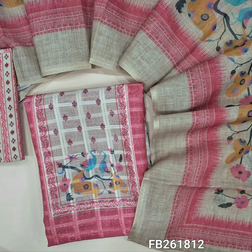 Pastel pink semi linen unstitched salwar material (lining needed)printed yoke,self checked design all over, printed daman, printed cotton bot tom, printed semi linen dupatta. FB261812