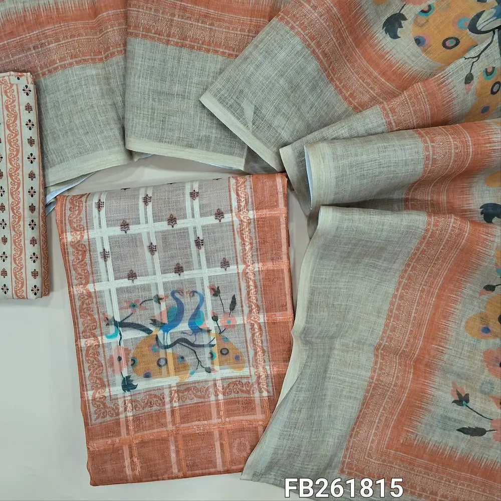 Peach semi linen unstitched salwar material (lining needed)printed yoke,self checked design all over, printed daman, printed cotton bot tom, printed semi linen dupatta. FB261815