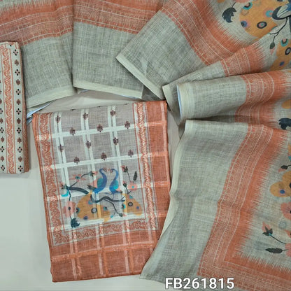 Peach semi linen unstitched salwar material (lining needed)printed yoke,self checked design all over, printed daman, printed cotton bot tom, printed semi linen dupatta. FB261815