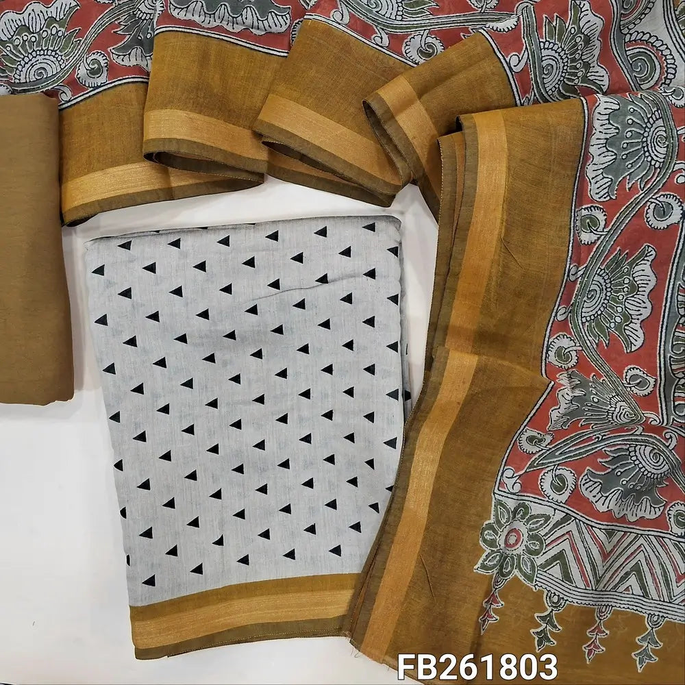 Light beige premium silk cotton unstitched salwar material(lining needed) printed all over, daman with tissue borders, mehandhi green spun cotton bottom, kalamkari printed full length premium silk cotton dupatta. FB261803