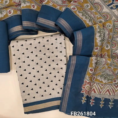 Light beige premium silk cotton unstitched salwar material(lining needed) printed all over, daman with tissue borders, dark blue spun cotton bottom, kalamkari printed full length premium silk cotton dupatta. FB261804