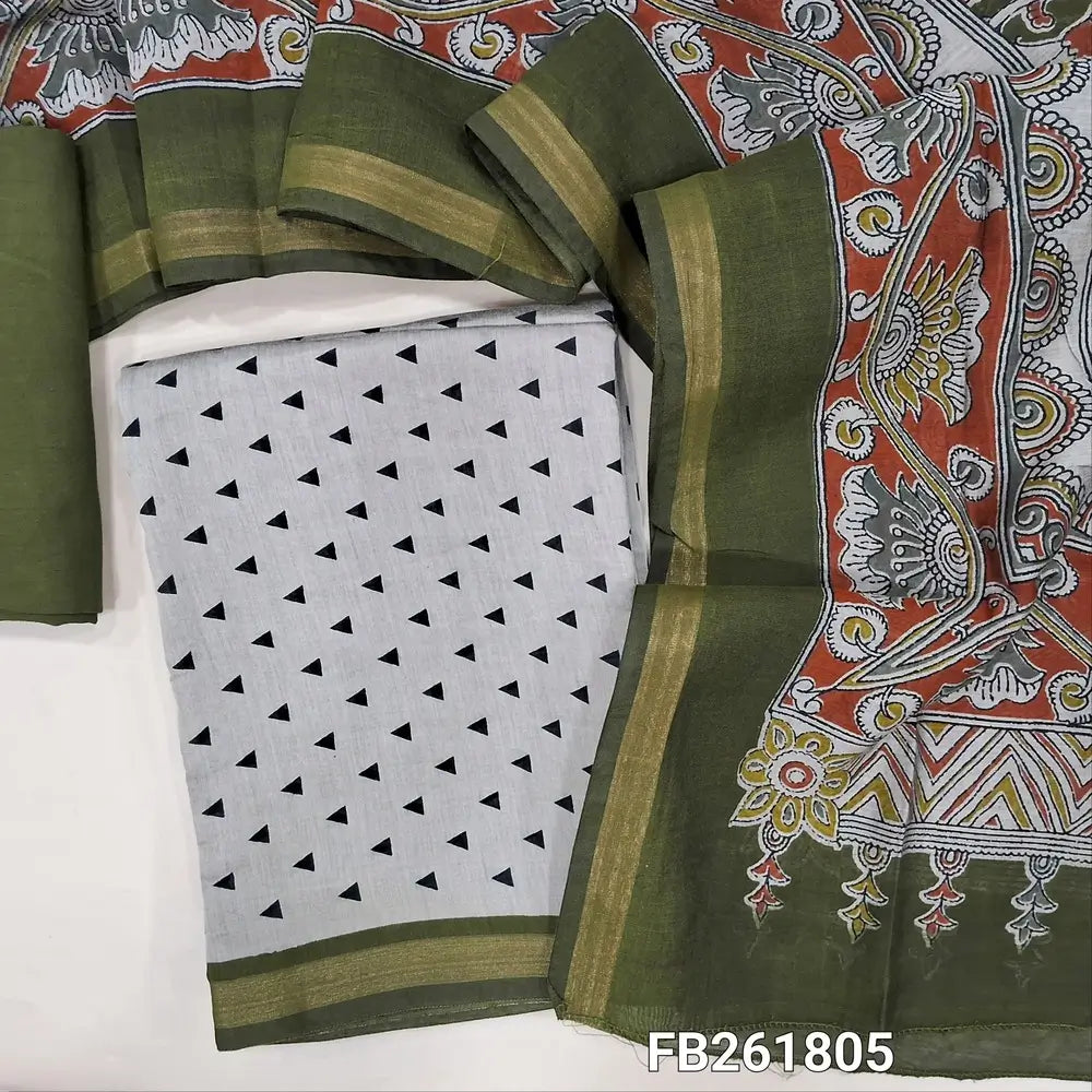 Light beige premium silk cotton unstitched salwar material(lining needed) printed all over, daman with tissue borders, olive green spun cotton bottom, kalamkari printed full length premium silk cotton dupatta. FB261805