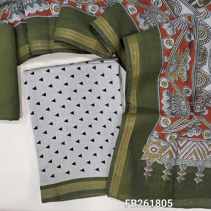Light beige premium silk cotton unstitched salwar material(lining needed) printed all over, daman with tissue borders, olive green spun cotton bottom, kalamkari printed full length premium silk cotton dupatta. FB261805