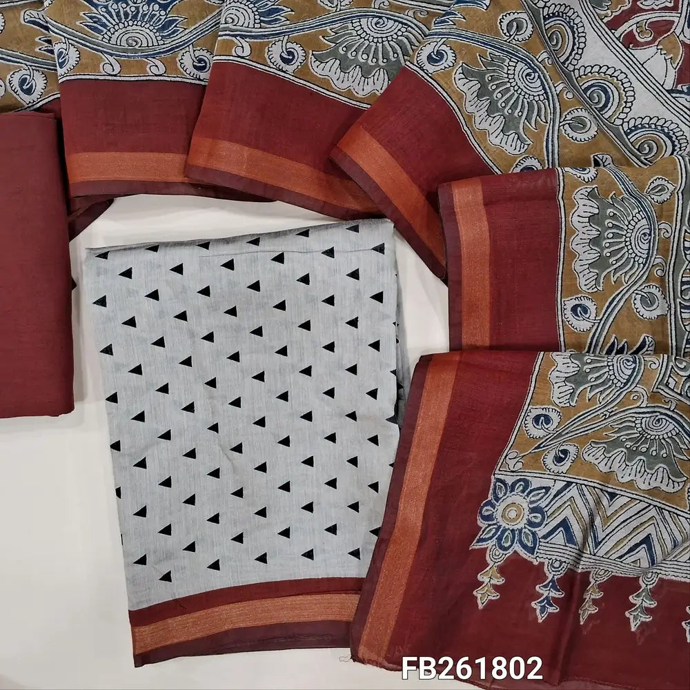 Light beige premium silk cotton unstitched salwar material(lining needed) printed all over, contrast daman with tissue borders, maroon spun cotton bottom, kalamkari printed full length premium silk cotton dupatta. FB261802