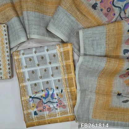 Sandal yellow semi linen unstitched salwar material (lining needed)printed yoke,self checked design all over, printed daman, printed cotton bottom, printed semi linen dupatta. FB261814