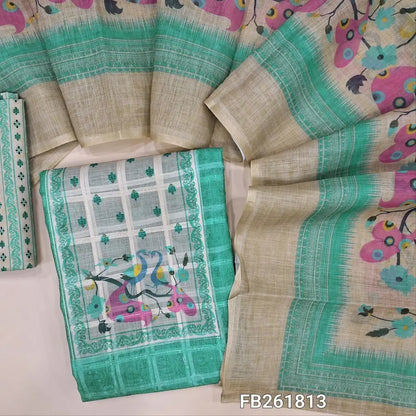 Pastel blue semi linen unstitched salwar material (lining needed)printed yoke,self checked design all over, printed daman, printed cotton bot tom, printed semi linen dupatta. FB261813