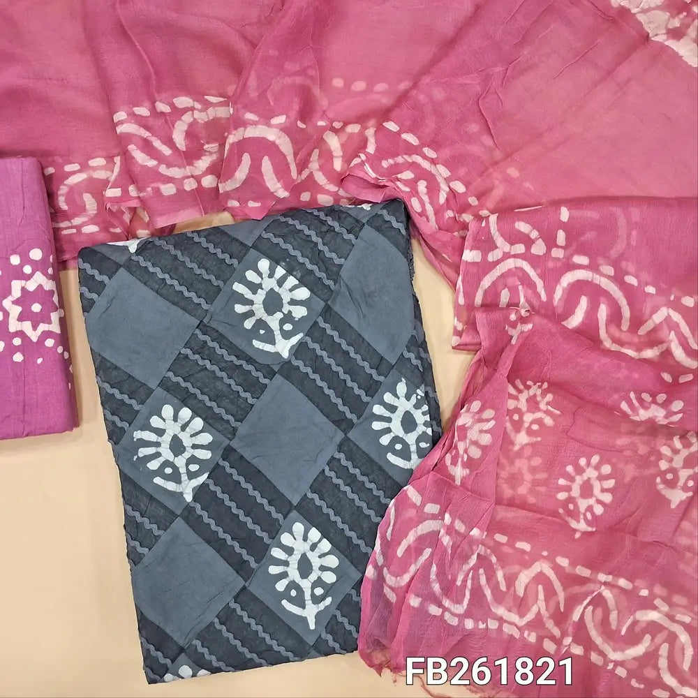 Grey pure soft cotton unstitched salwar material(lining needed)applique work and batik design on front,pink batik dyed cotton bottom, batik dyed short width premium chiffon dupatta(TAPING NEEDED). FB261821