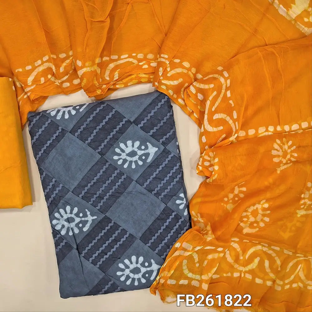 Grey pure soft cotton unstitched salwar material(lining needed)applique work and batik design on front,yellow batik dyed cotton bottom, batik dyed short width premium chiffon dupatta(TAPING NEEDED). FB261822